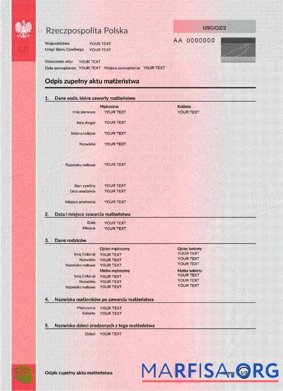 Blank Poland marriage certificate PSD 1 example